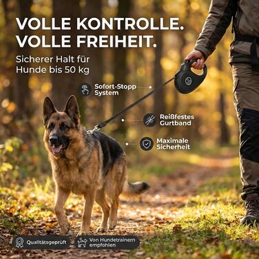 Рулетка для собак HUND IST KÖNIG 8м, висувна поводок до 50 кг, чорна