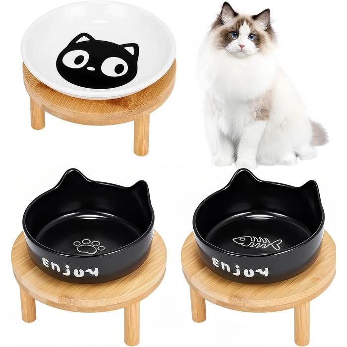 Миски для котів Erhöhte Katzen-Becher, широкі миски для котів з кераміки на бамбуковому підставці для домашніх тварин, миски для корму або води, зручні для вусів, для маленьких собак та кошенят в приміщенні (білі(2шт)) (чорні(3шт))