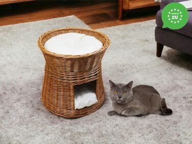 Котячий будиночок з лози для сну, двоповерхове ліжко для котів і собак, круглий 47 см, з подушкою, натуральний колір