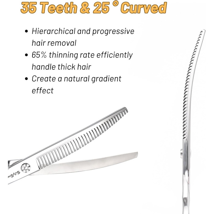 Професійна вигнута ножиця для грумінгу домашніх тварин 7.5 дюймів (25 градусів) з 35 зубцями, коефіцієнт розрідження 65%, високоякісна грумерська ножиця