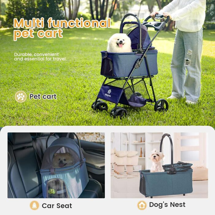 Дитяча та собача коляска 2-в-1, складна, з 4 колесами, знімний кошик, легка, для собак та котів, для прогулянок (Блакитно-зелений, Морський)