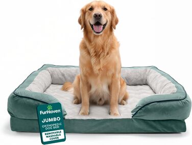 Крісло-лежанка для собак великих порід Furhaven з піною з пам'яті, знімний та пральний чохол, до 81,6 кг, ультра-м'яке штучне хутро та велюр, контурний матрац, XXXL (102 x 71 x 24 см, Celadon Green)
