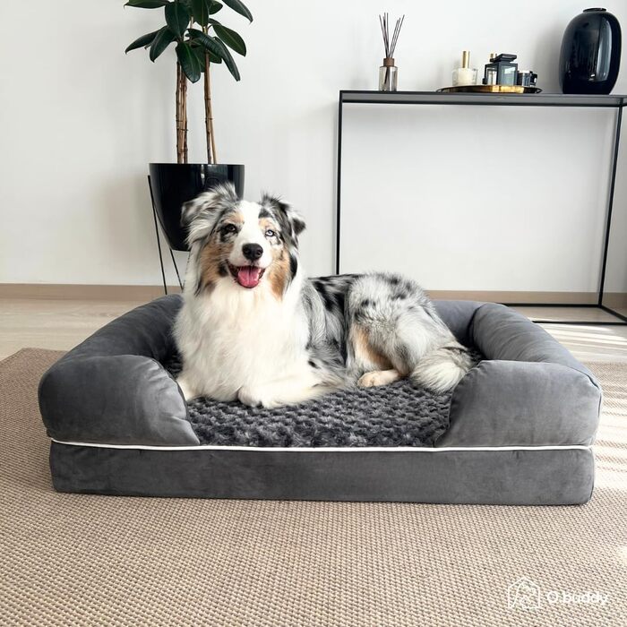 Ортопедичне собаче ліжко для великих собак, вологостійке, 90x65x23 см, сіре. Знімний, пральний чохол, комфортний плюш, підвищений борт
