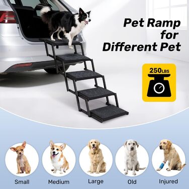 Сходинка для собак у машину, складна, до 113 кг - 5 сходинок, антиковзка, сіра (метал/тканина)