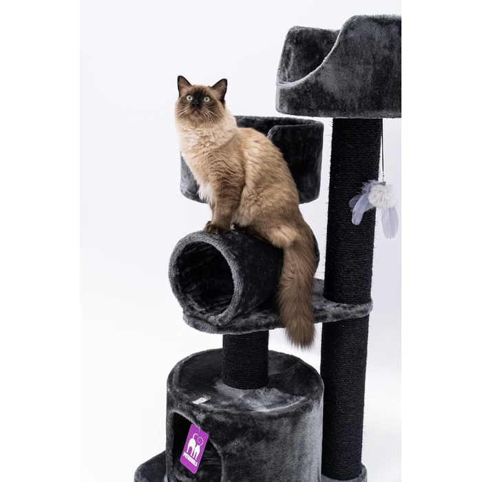 Дряпка для котів Petrebels Victoria 125 см, преміум, чорна, з лежанкою, ігровою трубою, будиночком і товстими стовпами Ø12 см