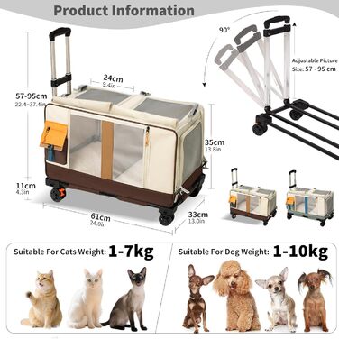 PETCUTE Транспортна сумка для тварин на 2 котів/собак з 2 відділеннями та знімними колесами, дихаюча, для подорожей, прогулянок, кемпінгу, бежево-коричнева