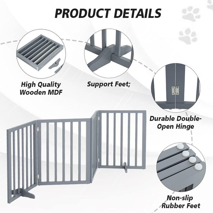 Захисне ґратка для собак Fellie, дерев'яне, без свердління, сірий, 4 панелі (183x60 см)