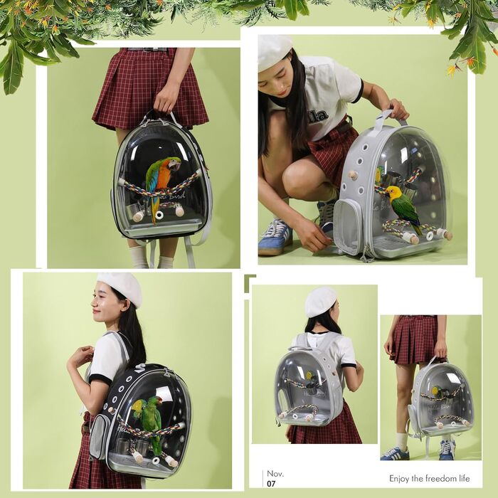 Рюкзак для птахів PETCUTE з дерев'яною жердкою: переноска, транспортна сумка для папуг, сіра