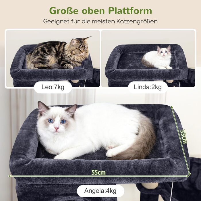 Кігтеточка Globlazer 204 см з 3 будиночками, 2 платформами, 3 м'якими будиночками для котів, стабільна, для 3-5 котів, відпочинок, ігри, дряпання, інтер'єр (Dunkelgrau)