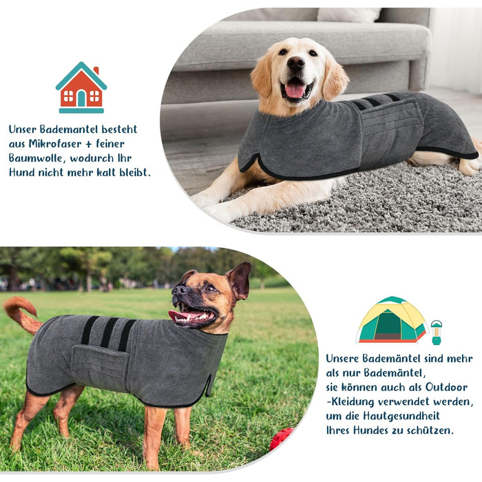 Рушник для собак з мікрофібри, сірий, XL. Швидковисихаючий, з клямками та регульованою стрічкою. Для великих, середніх та маленьких собак