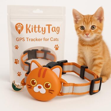 Нашийник для котів KittyTag з аксесуарами, сумісний з Apple Airtag, світловідбиваючий та світосвітлий, GPS, з захистом від задушення, регульований, оранжевий (Airtag не входить до комплекту)