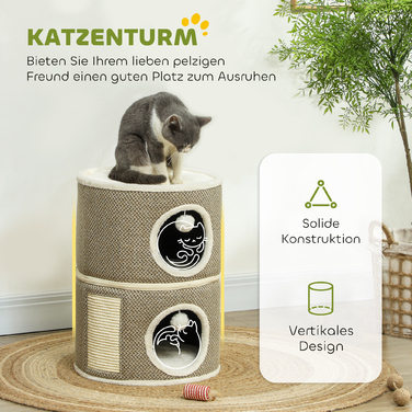 Бочка для подряпин PawHut, висота 56 см Бочка для кішок з печерою, кігтеточка, котяча вежа з сизалю, для котів до 5 кг, темно-сіра | Аосом