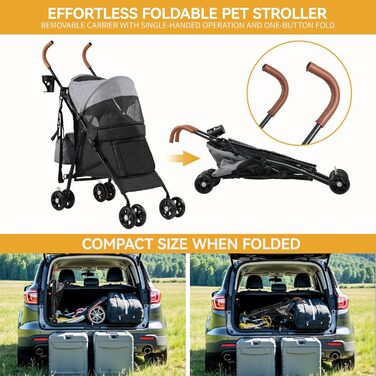 Візок для собак та котів DWVO - зручний та компактний, до 11,3 кг, сірий/чорний, 45x80x103 см