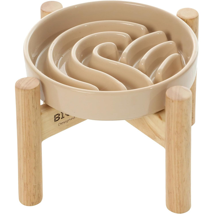 Миска для собак Slow Feeder з кераміки з нековзним силіконовим краєм - пазл-миска для запобігання здуття та ожиріння (Абрикос-S) (Маленька, Хвилі-Абрикос зі стійкою)