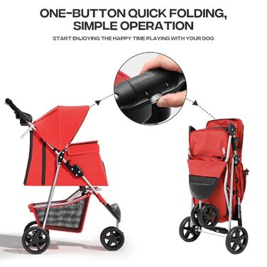 Візок для тварин: для собак та котів, 3 колеса, складний, з кошиком та тримачем для напоїв (червоний)