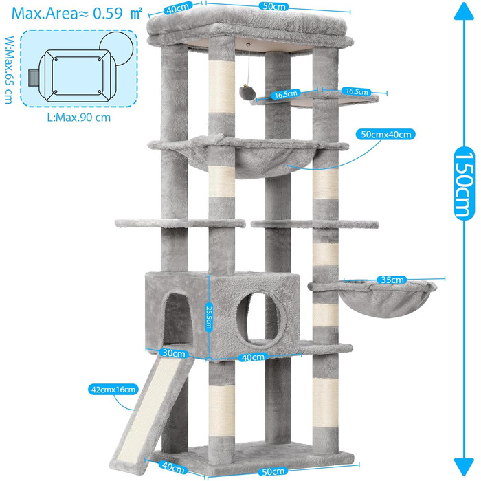 Багатоярусний котячий будиночок Hey-brother Kratzbaum з лежаком, гамаком та котячим будиночком, 145 см, сірий EMPJ057W