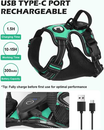 Світловідбиваючий нашийник для собак Joytale з LED, для середніх собак, без натягування, з ручкою, регульований, для нічних прогулянок, зелений, розмір M (1 шт.)