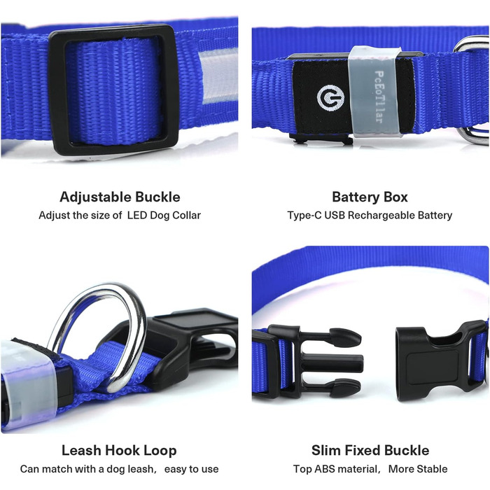 Світлодіодний нашийник для собак Leuchthalsband PcEoTllar, вологостійкий, 7 кольорів, 8 режимів, регульований, для маленьких та великих собак, синій, 28-40 см