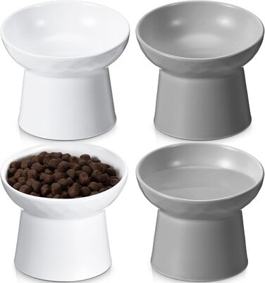 Набір мисок для котів Tanlade з підняттям, кераміка, 4 шт. (білий та сірий)