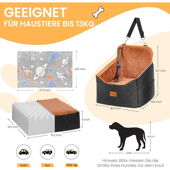 Автокрісло для собак HiPetpy - зручне ліжко для собак до 14 кг з підстилкою, безпечною шлейкою та кишенями для зберігання (колір: коричневий, розмір: маленький)