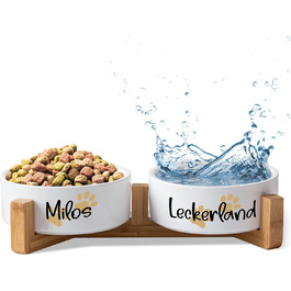 Керамічний подвійний набір мисок з іменем для собак та котів 'Дві маленькі лапки' - персоналізований набір мисок з/без підставки | Миска для собак, годівниця, миска для їжі | Годівниця (2x 1300 мл, з підставкою)