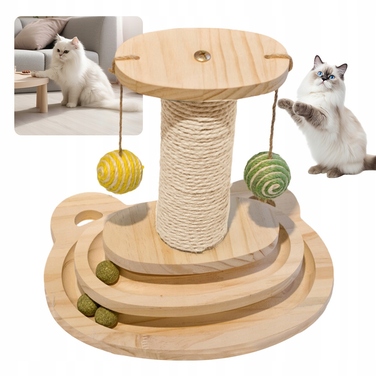 Інтерактивна дерев'яна іграшка-драбалка для котів з м'ячиком