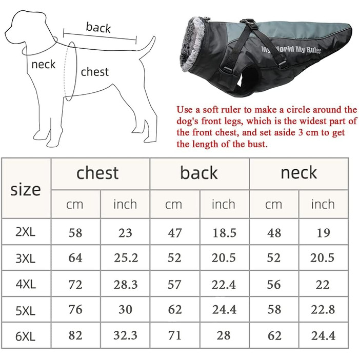 Водонепроникний зимовий одяг для собак, тепла куртка-жилет для собак, захист живота, одяг для домашніх тварин з блискавкою, відображаючий та вітронепроникний, для середніх та великих собак, розмір 2XL-6XL (6XL)