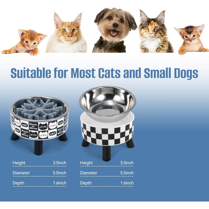 Набір мисок для котів з повільним годуванням (2 шт.) - широкі, з нержавіючої сталі, підставка з пластику та силікону. Ідеально для котів з чутливими вусиками. Фідер для води та корму.