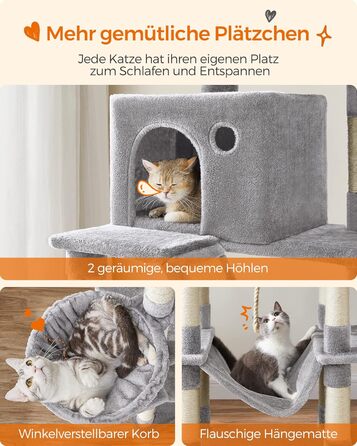 Feandrea великий котячий комплекс 206 см, XXL, багаторівневий когтеточка з 13 стовпчиками, 2 платформами, 2 будиночками, кошиком, гамаком і м'якими іграшками, світло-сірий