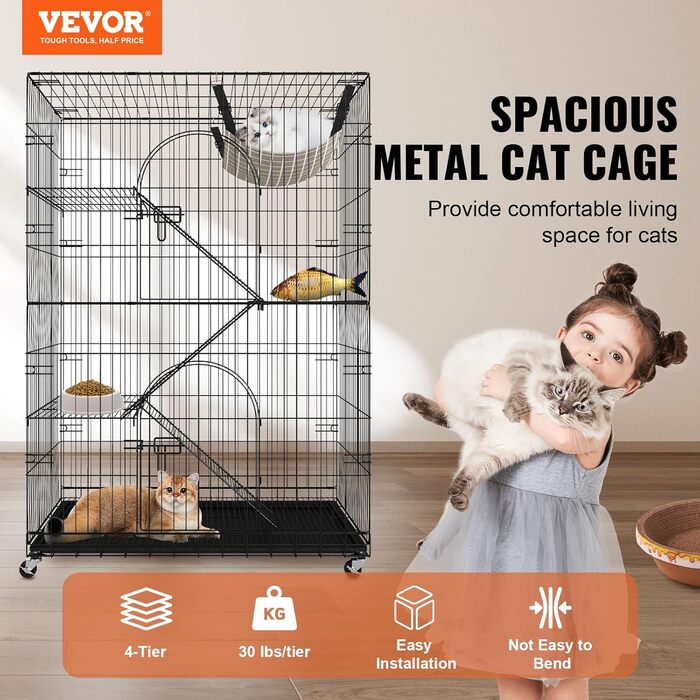 Клітка для котів VEVOR, 4 рівні, 2 двері, 90x60x133 см, залізна, з покриттям, з драбинами, для котів і дрібних тварин