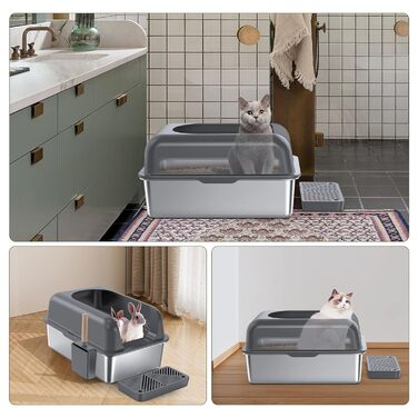 Котлочистка Gimars XL для котів з нержавіючої сталі, велика лоток для котів з металу 20л з совком та килимком, котячий туалет з нержавіючої сталі для середніх та великих котів (темно-сіра з педалем)