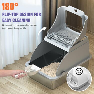 Лоток для котів Julymoda XXL 100L з совком, килимком і кришкою, нержавіюча сталь, з високим бортом, 2 входи, 62x42x40,5 см, сріблястий