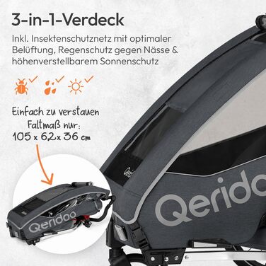 Причіп для велосипеда Qeridoo QUPA 1 з листковою підвіскою, складною кабіною, розширюваним сидінням, візок-причіп, регульована ручка, 5-точкова система ременів безпеки, для 1 дитини (Сірий)