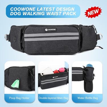 Сумка для ласощів для собак, поясна сумка для собак, аксесуари, мішок для ласощів з дозатором кульок для прибирання, світловідбиваюча еластична стрічка на талії для прогулянок, походів та дресирування (з 1 повідком, чорного кольору)