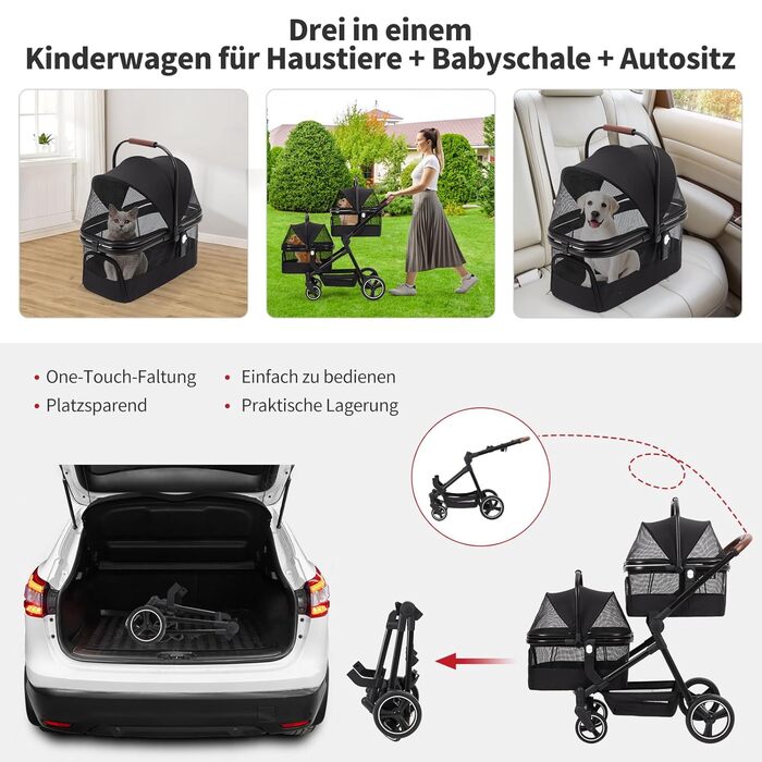 Візок для собак Zstar: двомісний, чорний, складний, з сумками для тварин (до 15 кг кожна)