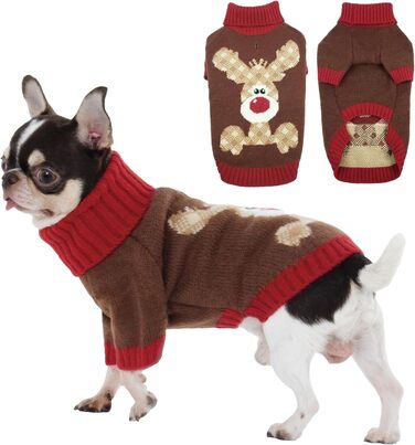 Теплий новорічний пуховик для собак з різдвяним оленем, нашийник-відкривання, для мопсів, дрібних порід (XS, коричневий)