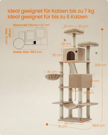 Великий котячий комплекс Feandrea з 13 стовпчиками для дряпання, 2 платформами, 2 печерами, гамаком та кошиком, 168 см, PCT165W01 (XXL, бежево-коричневий)