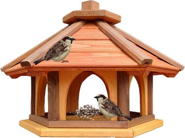 Дерев'яна шестигранна годівниця для птахів Vogel Futter Haus, садова кормушка для диких птахів, коричнева/червона/жовта