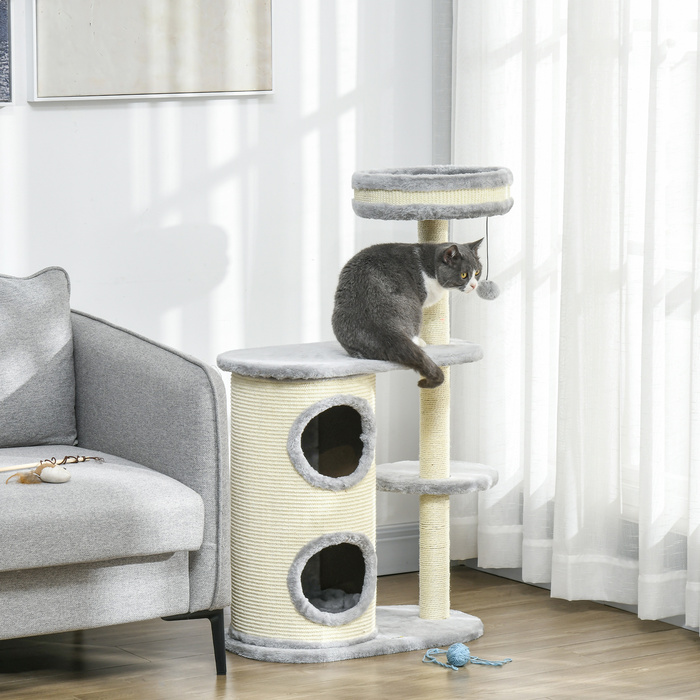 Кігтеточка PawHut Cat з 2 отворами, мотузковий стовпчик з сизалю, кілька платформ, м'яка плюшева та м'ячова іграшка, сіра 59x35x100 см