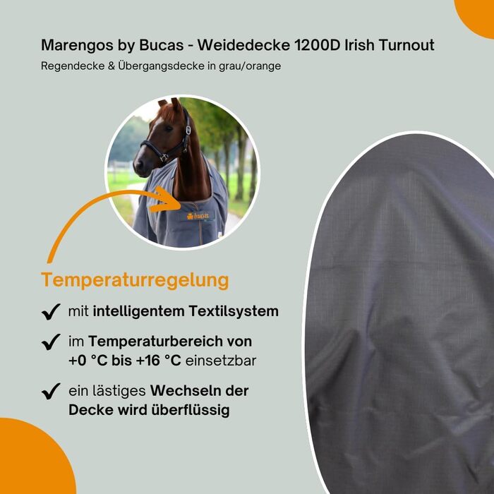 Зимова ковдра Marengos Bucas 1200D Irish Turnout - дихаюча та водонепроникна ковдра для вигулу з внутрішнім шаром та перехресним кріпленням. Сірий/Помаранчевий, розмір 145 см (наповнювач 50 г/м²)