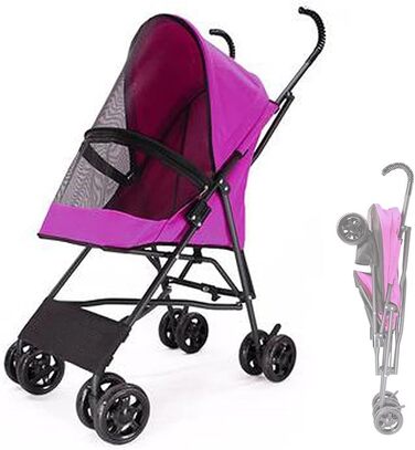 Легкий візок для собак та котів до 10 кг, чорний/рожевий, з регульованим дашком, без встановлення