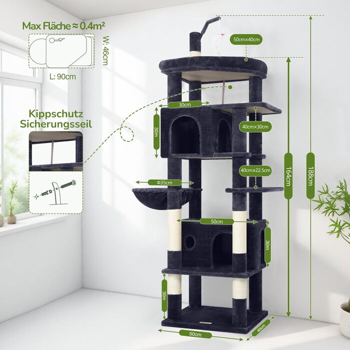 Комплекс для котів Globlazer Kratzbaum 188 см з будиночками, платформами та іграшками темно-сірого кольору