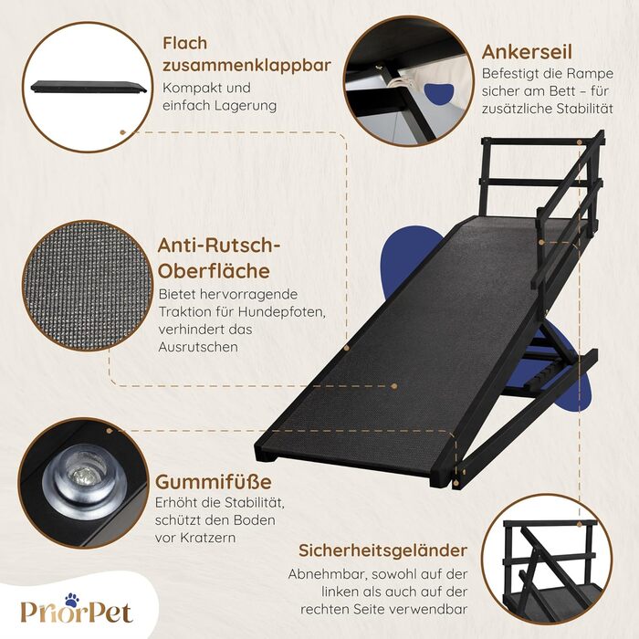 Східці для собак до ліжка з захисним бар'єром - для великих собак до 90 кг - регульована висота до 94.5 см - ширина 49.5 см - складані - антиковзні ручки - береза - натуральний колір (чорний)