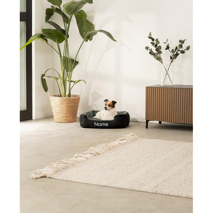 Килимок для собак Lionto з двостороннім подушками та неслизьким дном, міцний лежак для домашніх тварин з глибоким входом для собак та котів будь-якого віку, 50x37 см, м'який лежак для собак, (Д 60 x Ш 48 x В 18 см (з нанесенням імені), чорний/сірий)