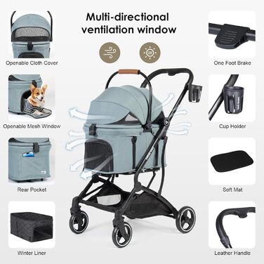 Дитяча та візок для тварин 3 в 1: для собак, котів та дітей. Легкий, складний, зелений