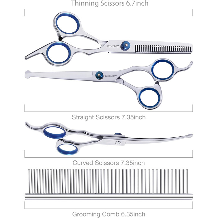 Набір професійних ножиць для грумінгу собак 5-в-1, з безпечними закругленими кінцями, 4CR нержавіюча сталь, для собак та котів, блакитний
