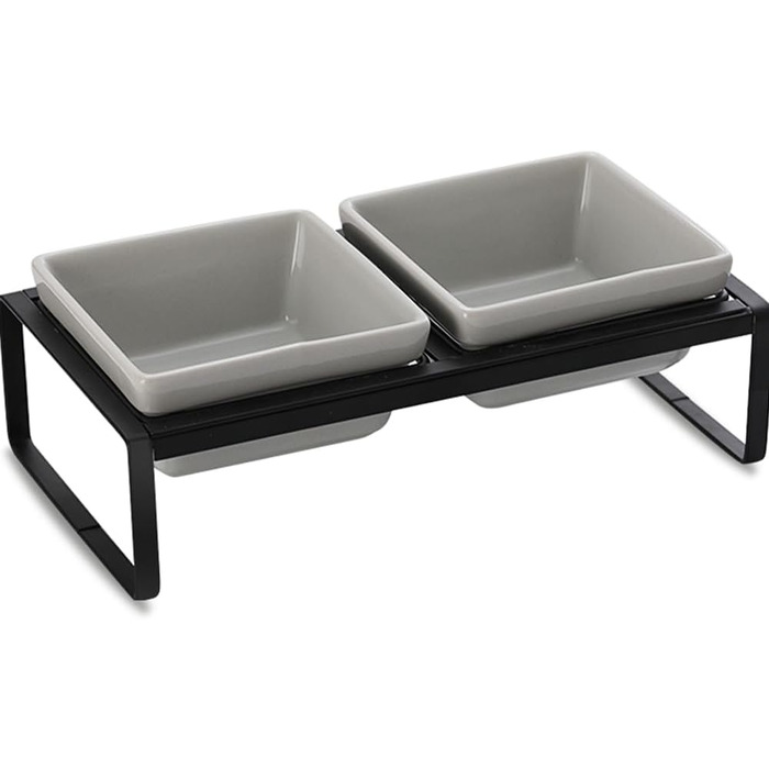Підвищена годівниця для котів та собак сірого кольору, з підставкою, з подвійної кераміки, 2 x 280 мл