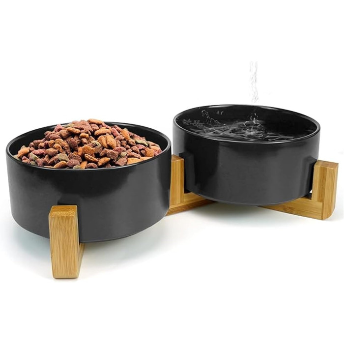 Керамічна миска для собак та котів з бамбуковою підставкою 2 шт. 600 мл (Чорний)