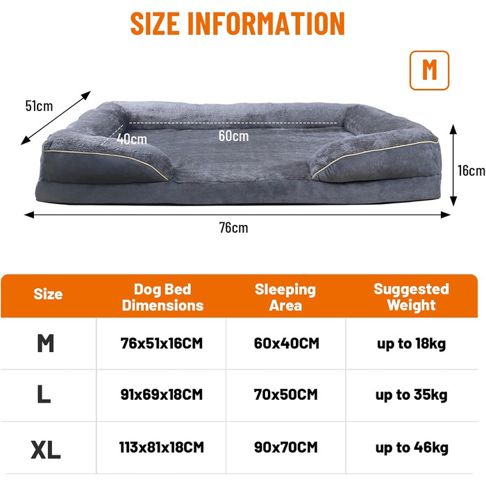 Ортопедичне ліжко для собак, корзина для собак, м'яка підстилка, собаче ліжко-софа, подушка для собак, корзинка для собак з високим бортиком, знімний та пральний чохол, 91 x 69 x 18 см, неслизьке покриття