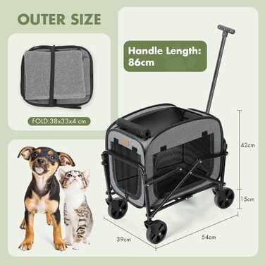 Транспортер для собак на колесах, велика візок для собак та котів до 18 кг (сірий, чорний)